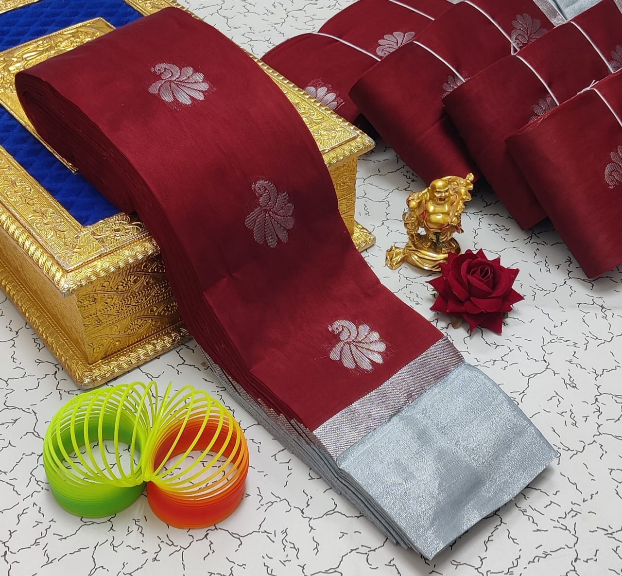 Silver Jari with Leaf Border and Mango Butta Work Cotton Silk  Saree